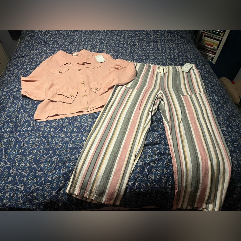 Karen Hart- Blush Pink Button Top/jacket & Draw String Olive & Pink Striped Pant